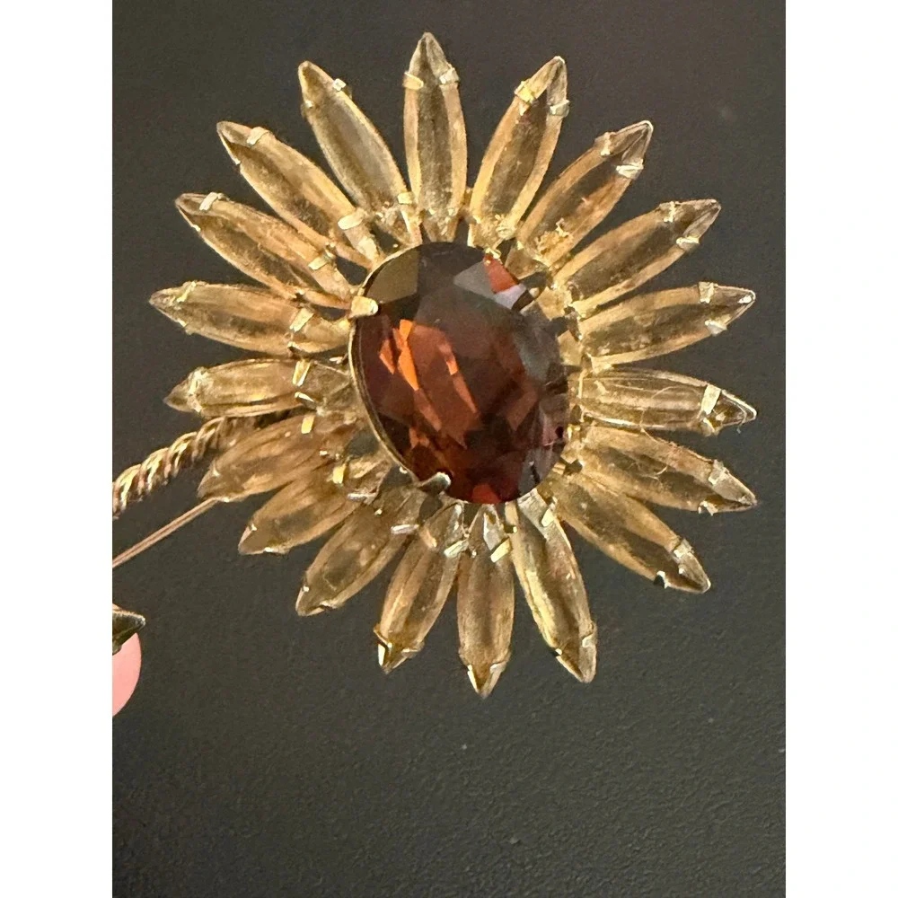 Vintage Rhinestone Brooch Floral Sunflower Daisy